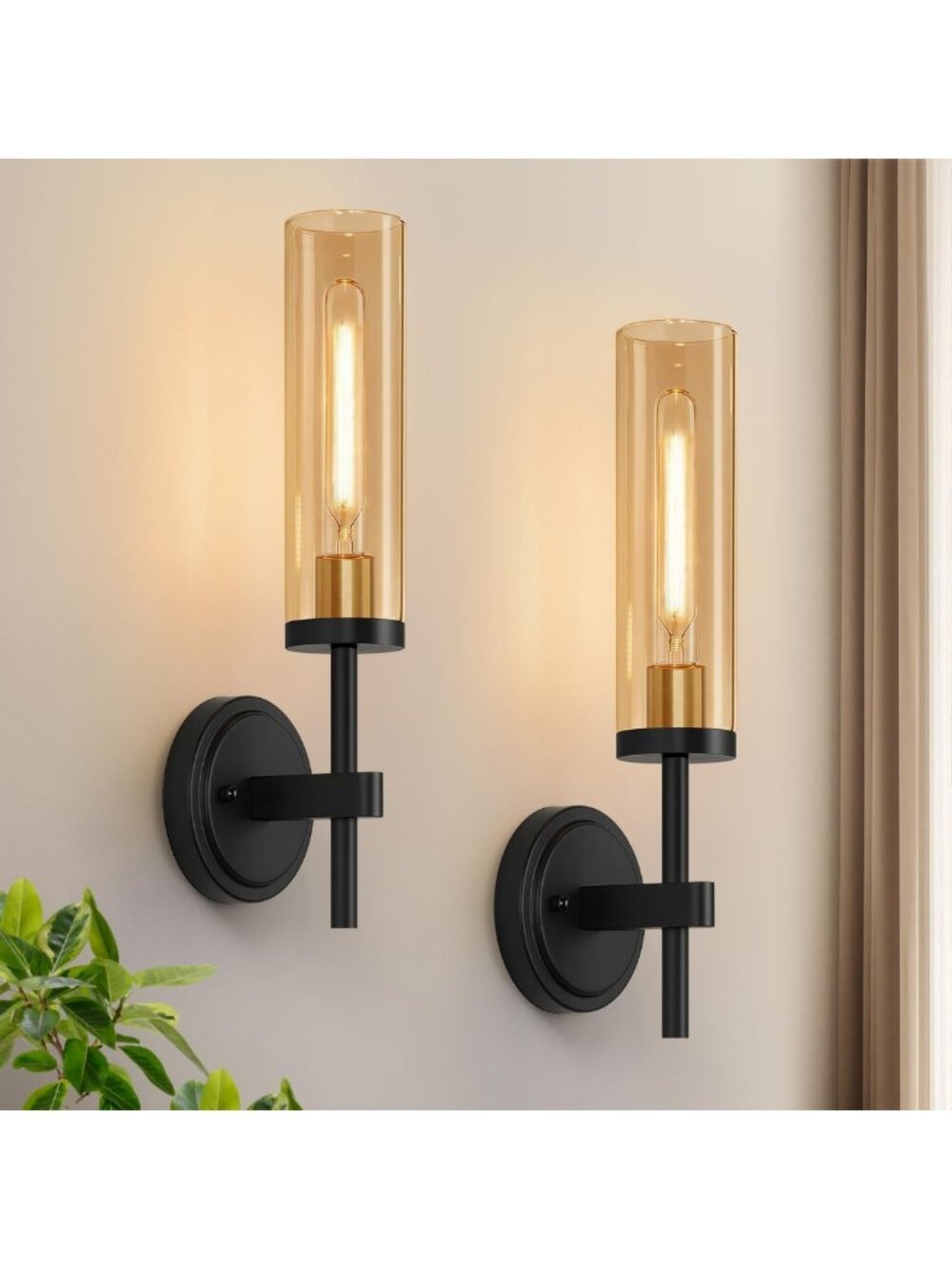 Modern Black and Gold Wall Sconces Set of 2 with Amber Glass for Bathroom